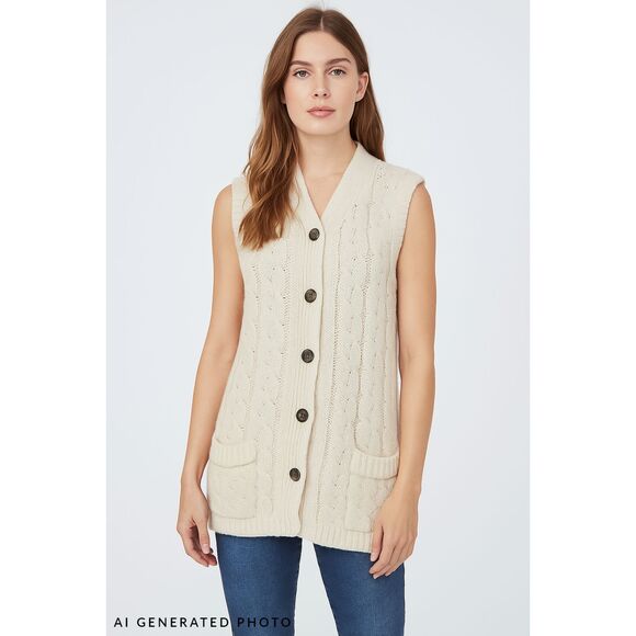 Lambswool Cyn Les sweater vest Cableknit cream aran preppy vintage fisherman - Picture 9 of 9